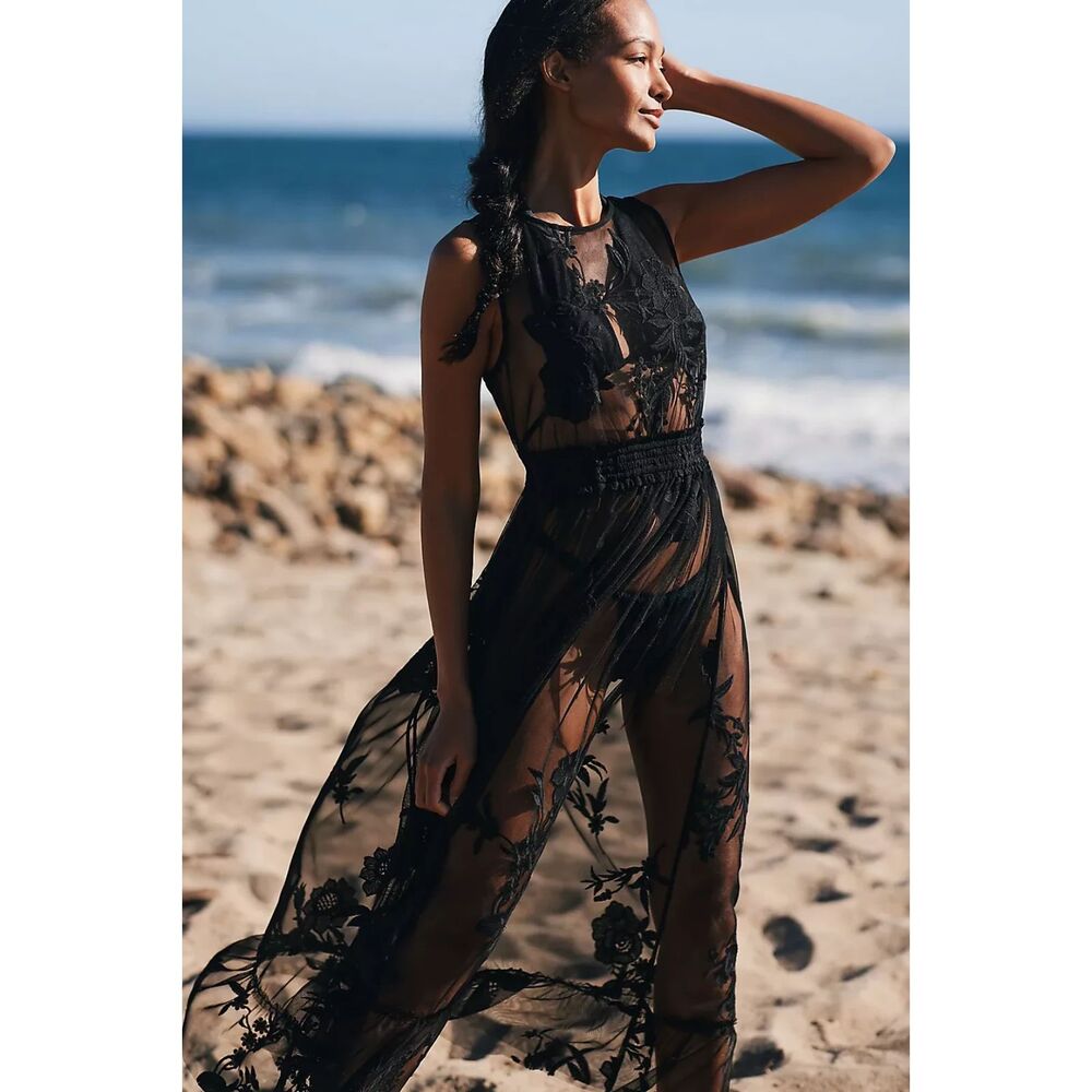 Anthropologie Mesh Maxi Dress S Coverup Embroidered Sheer Lace Beach Boho Black